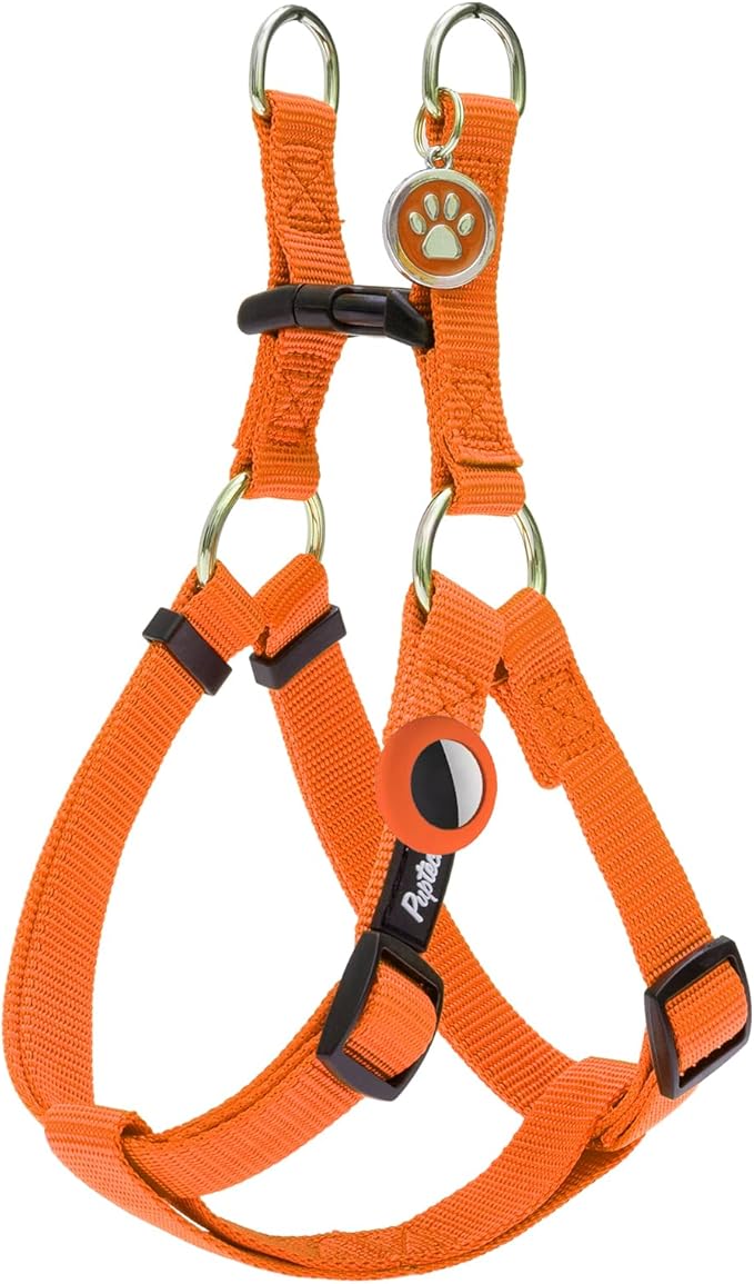 PUPTECK No Pull Dog Harness Soft Adjustable Basic Nylon Step in Puppy Vest Outdoor Walking with ID Tag and A-ir Tag Case, Orange, S