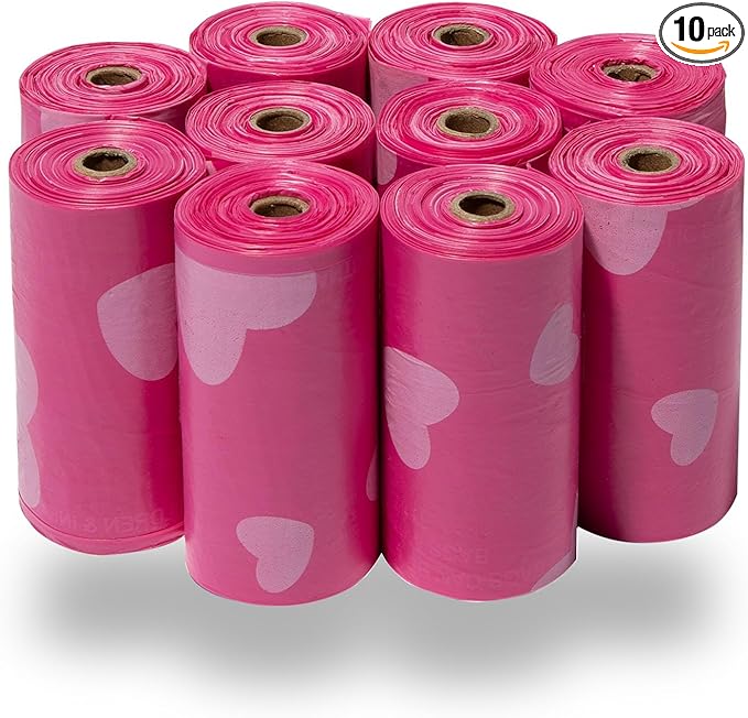 Best Pet Supplies Dog Poop Bags (150 Bags) for Waste Refuse Cleanup, Doggy Roll Replacements for Outdoor Puppy Walking and Travel, Leak Proof and Tear Resistant, Thick Plastic - Pink Heart