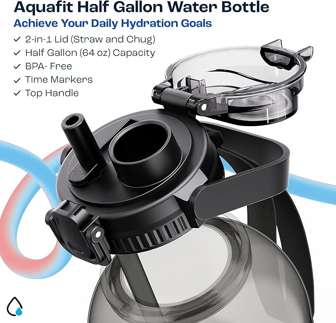 AQUAFIT 64 oz Water Bottle with Time Marker - 2in1 Straw & Chug Lid - BPA Free Big Water Bottle with Straw - Gym Water Bottle with Strap - Water Jug (64 Ounces, Frosty)