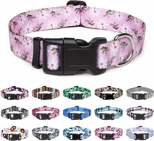 Mercano Adjustable Dog Collar - Special Design Patterns, Soft Nylon Comfortable Durable Pet Collar for Small Medium Large Dogs (L, Pink White Flower)