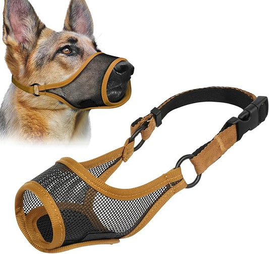 LUCKYPAW Dog Muzzle, Mesh Muzzle for Large Medium Small Dogs, Soft Mouth Guard for Biting Chewing, Breathable Mouth Guard with Adjustable Strap for Training(Brown, L(Snout:9.75"-11"))