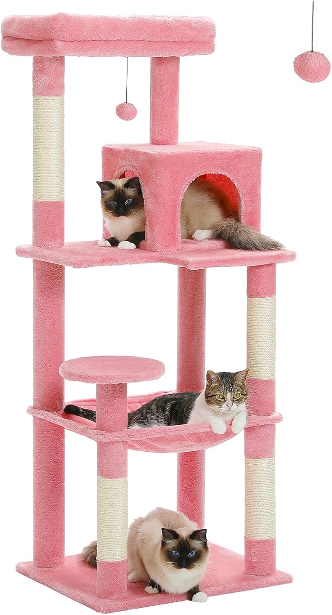 Cat Tree for Large Cats with Metal Plush Big Hammock, 56.3" Cat Tower for Indoor Cats with 2 Door Condo House, 6-Tier Cat Shelves with Scratching Posts and Large Top Perch, Pink