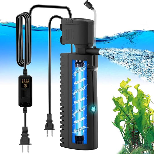 AquaMiracle Aquarium Filter with U - V Light & Pre-Filter Sponge, Fish Tank Filter with Timer for Green Water, Green Clean Machine Turtle Filter with Aeration for Aquarium and Pond 10-40 Gallon