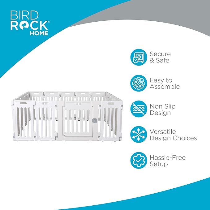 BIRDROCK HOME Dog Playpen w/Door, 16 Panel, 25.6in H | Strong Plastic, Non-Slip Puppy Playpen, Secure Pet Gate | Indoor Outdoor Fence | Configurable Panels | Medium to Large Pets - White