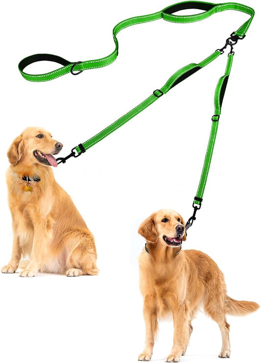 PetBonus Double Dog Leash, No Tangle Dual Leash, Reflective Walking Training Lead, 4 Comfortable Padded Handles for 2 Dogs with Collapsible Bowl and Waste Bags (Grass Green, Large)