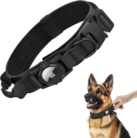 Waterproof Tactical Dog Collar with AirTag Holder - Heavy Duty Adjustable Collar for Medium to Large Dogs, Control Handle & Apple AirTag Compatible [Black,