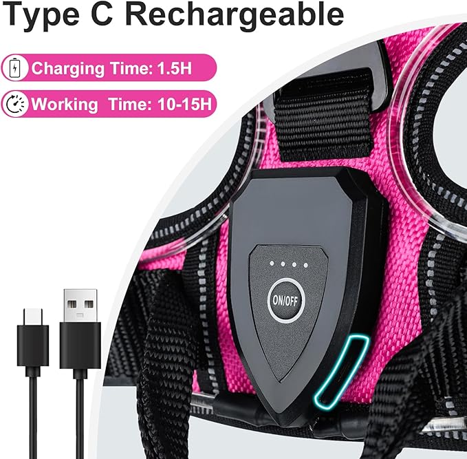 Taglory Light Up Dog Harness, Rechargeable No Pull Dog Vest with 3 Lightning Modes, Reflective Dog Harness with 2 Leash Clips & 4 Adjustable Slide Strips for Large Dogs, Hotpink-Hotpink, L