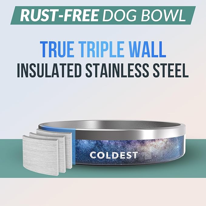 Coldest Dog Bowl - Anti Rust Metal, Non Slip, 3 Layers Insulated Stainless Steel Dog Bowls - Spill Proof & Heavy Duty - Water Bowl for Dogs, Cats & Pets, Dish Washer Safe (21 oz, Into The Beyond)