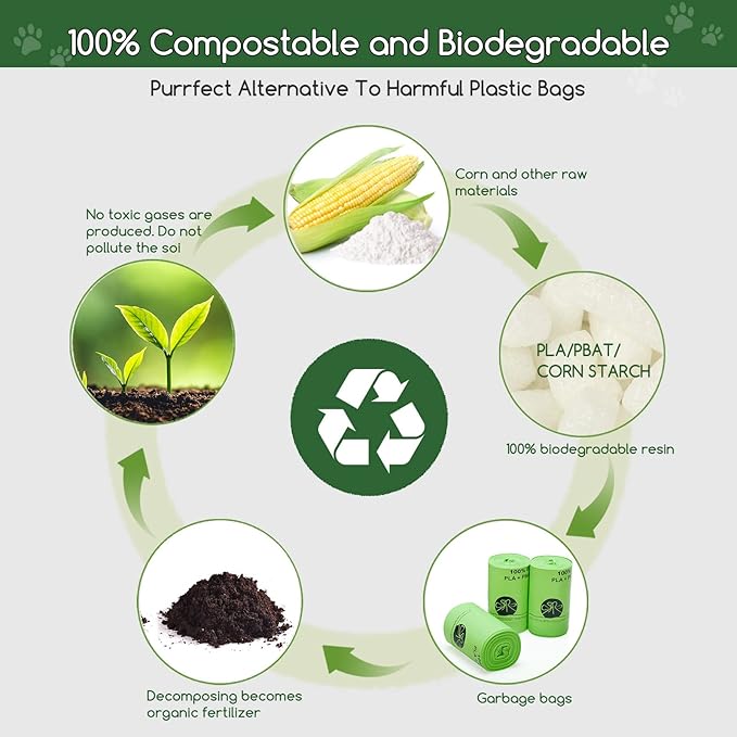 Biodegradable Cat Litter Liner Bags Compatible with LR 3, 4 and Most Self-Cleaning Litter Boxes, 60 Count Kitty Automatic Waste Drawer Liners, Drawstring Pet Compostable Replacement Poop Bags