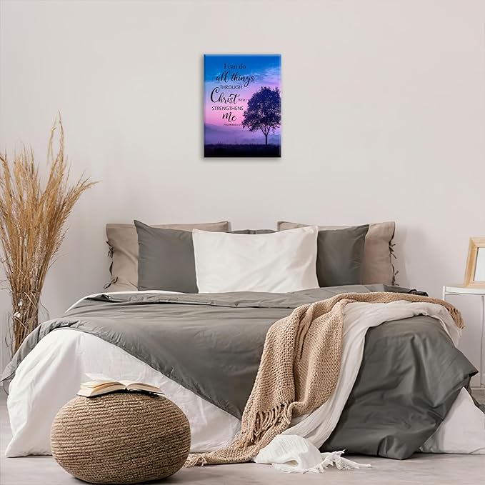 Christian Tree Wall Art I Can Do All Things Canvas Wall Decor Prints Framed Painting Purple Pictures Gifts Artwork for Bathroom Bedroom 16"x20"