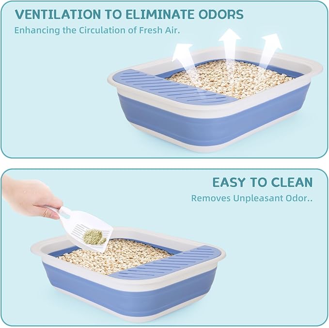 Collapsible Kitten Litter Box, ShineMe Open Top Small Cat Litter Box with Scoop and Litter Bag, Anti-Splash Waterproof Kitty Toilet Potty Pan for Sick Frail Cat 17" x 13.5", Blue