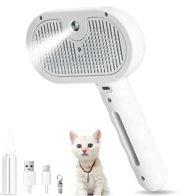 Cat Steam Hair Comb Brush for Shedding with Anti-Lost Pet Pendant, 3 In 1 USB Pet Spray Hair Removal Comb for Cat, Dogs Long Short Haired, White