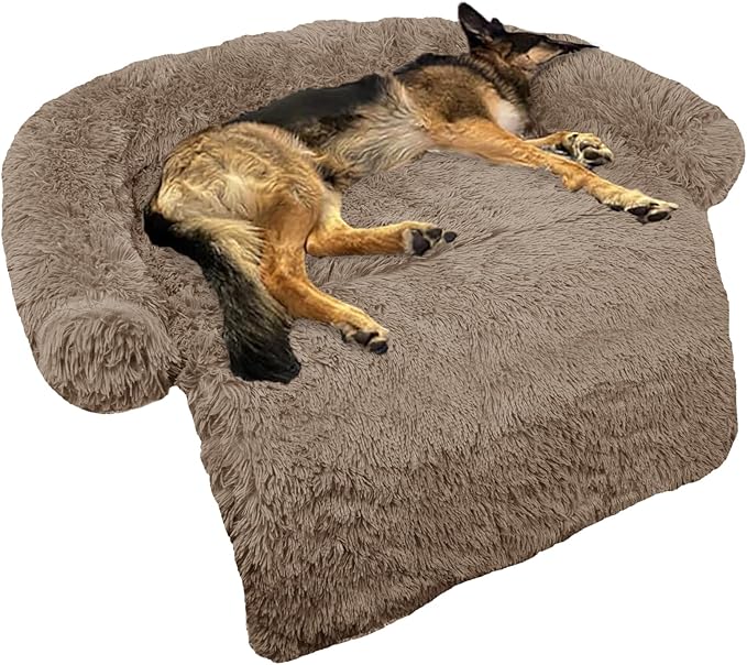 Calming Dog Bed Fluffy Plush Dog Mat for Furniture Protector with Removable Washable Cover for Large Medium Small Dogs and Cats (Large(45x37x6), Camel)