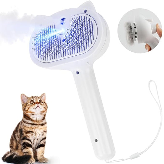 Cat Steam Brush for Shedding, 4 in 1 Steamy Cat Brush with Release Button, Self Cleaning Metal Pet Misting Hair Comb with Handle for Grooming Kitten Dog(White)