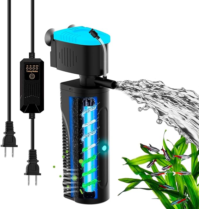 Aquarium Filter with Aeration & Rainfall Mode, U - V Fish Tank Filter with Timer (3/6/12/24 Hours) for Green Water Cleaning, Turtle Tank Filter with Efficient Filter Sponge (60-150Gal)
