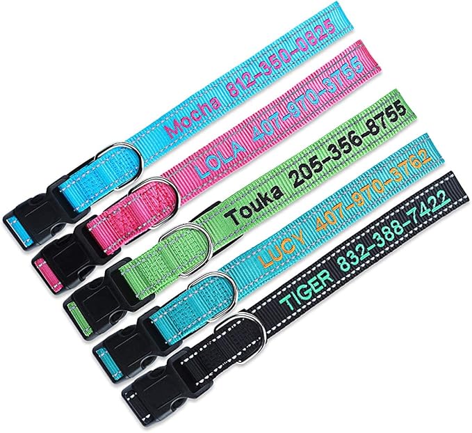Personalized Dog Collar, Custom Embroidered Pet Name and Phone Number 4 Adjustable Sizes X-Small Small Medium Large Quick Release Buckle and D-Ring