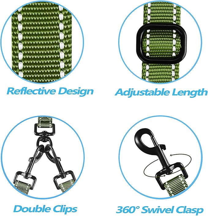 PetBonus Double Dog Leash, No Tangle Dual Leash, Reflective Walking Training Lead, 4 Comfortable Padded Handles for 2 Dogs with Collapsible Bowl and Waste Bags (Khaki Green, Large)