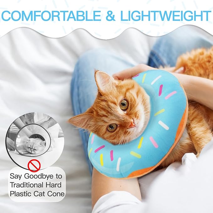 Cat Cone Collar Soft, Cute Cat Donut Collar After Surgery, Adjustable Kitten Recovery Cones to Stop Licking, Lightweight Neck Elizabethan Collars for Cats Kittens (Blue, Medium)
