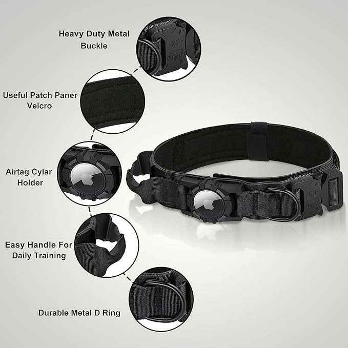 Tactical AirTag Dog Collar - Heavy Duty, Adjustable GPS Collar Compatible with Apple AirTag, with Holder & Control Handle for Medium/Large Dogs [ Black, XL ]