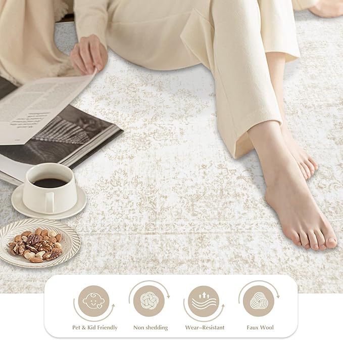 Runner Rug 2x6 Entryway Rug - Machine Washable Vintage Boho Area Rug Non-Slip Kitchen Runner Soft Stain Resistant Runners for Hallways Entryway Laundry Kitchen Bathroom Bedroom(Ivory, 2'x6')