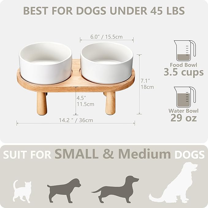 Ceramic Elevated Dog Bowls, Pet Food and Water Bowl Set for Medium and Small Dogs, 3.5 Cups Dog Bowls Raised with Wood Stand, 29OZ, White