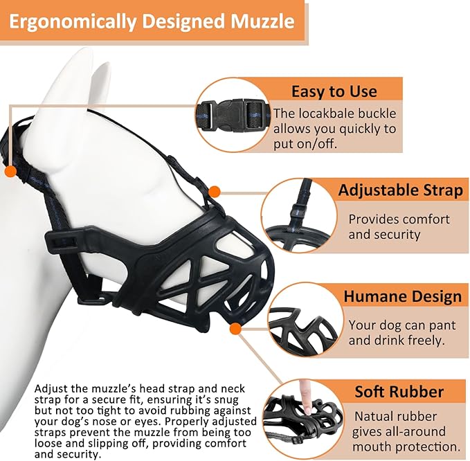 BARKLESS Dog Muzzle, Basket Muzzle for Biting, Chewing and Scavenging, Humane Cage Mouth Cover, Perfect for Grooming and Training Small, Medium, Large Aggressive Reactive Dogs (XS, Black)