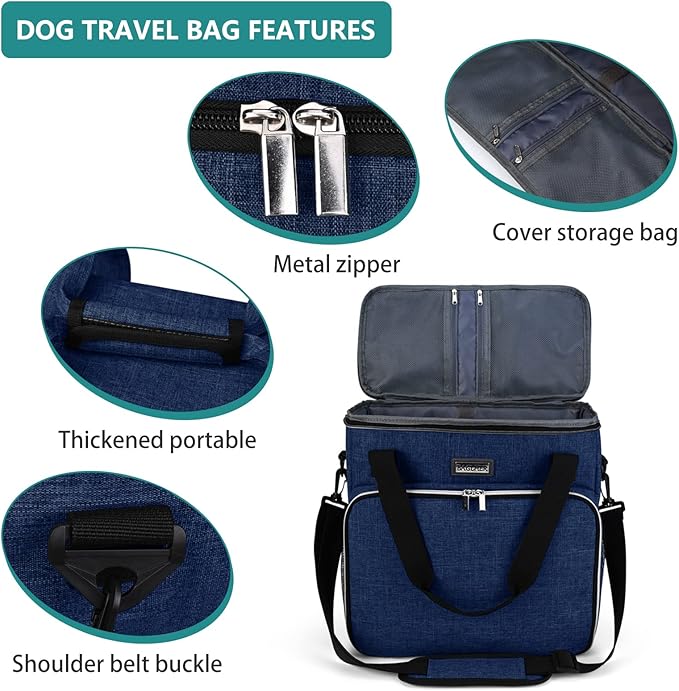 BAGLHER Dog Travel Bag, Pet Travel Bag (ALL Pet Travel Supplies), With 2 Pet Food Containers and 2 Collapsible Silicone Bowls; Essential Kits for Pet Travel Dark Blue
