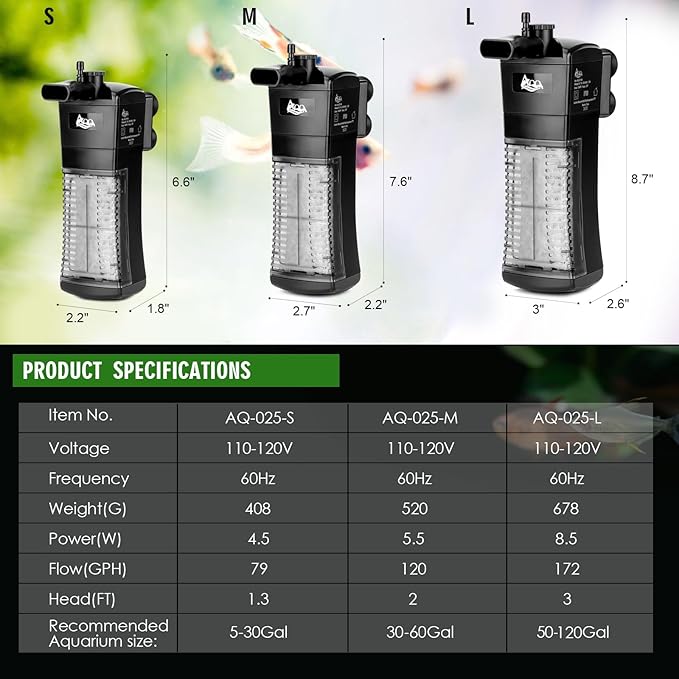AQQA Aquarium Internal Filter, Submersible Power Filter in-Tank with Adjustable Water Flow, Ultra Silent Sponge Filter for Fish Tank Water Crystal Clear