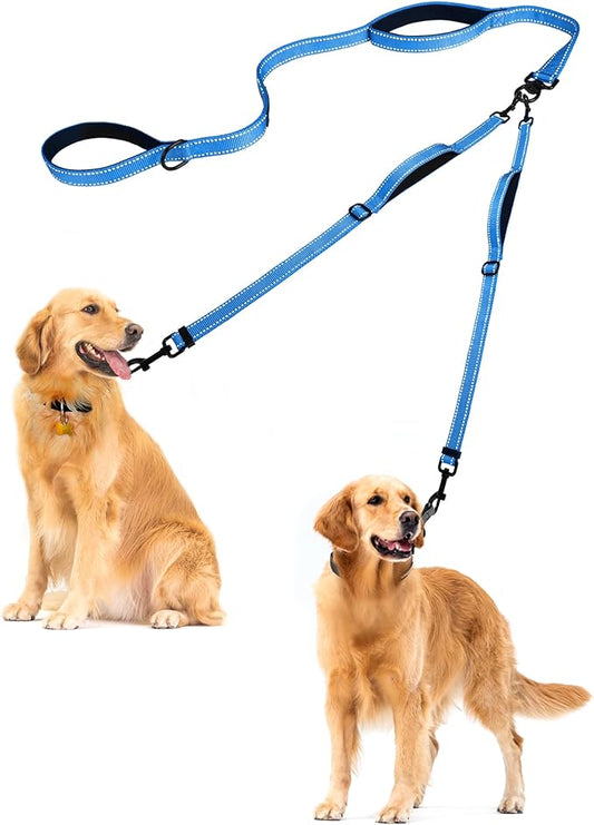 PetBonus Double Dog Leash, No Tangle Dual Leash, Reflective Walking Training Lead, 4 Comfortable Padded Handles for 2 Dogs with Collapsible Bowl and Waste Bags (Light Blue, Large)