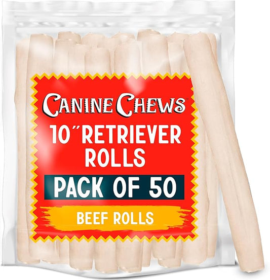 Canine Chews 10" Dog Rawhide Retriever Rolls - Rawhide Bones for Large Dogs (50 pk) - Natural Beef Dog Rawhide Chews - Single Ingredient Dog Rawhide Bones - Large Rawhide Bones for Dogs Dental Chew