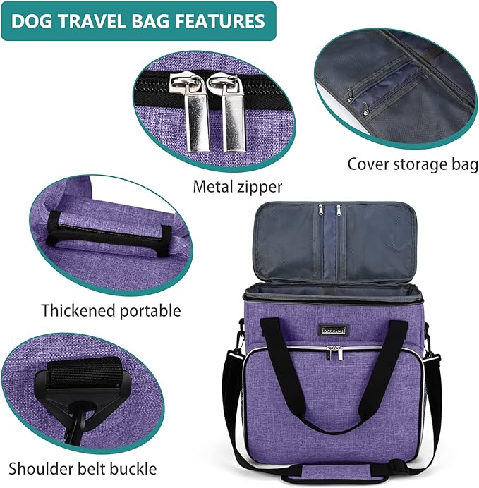BAGLHER Dog Travel Bag, Pet Travel Bag (ALL Pet Travel Supplies), With 2 Pet Food Containers and 2 Collapsible Silicone Bowls; Essential Kits for Pet Travel Purple