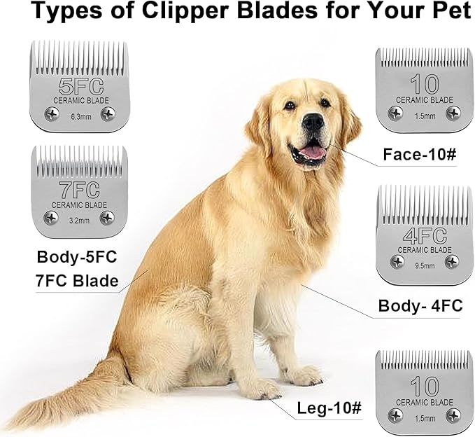 Detachable Pet Dog Clipper Blades, Compatible with Size-4FC (9.5mm), Most Oster A5, KM Series Clippers,Made of Ceramic Blade & Stainless Steel Blade 2Pack