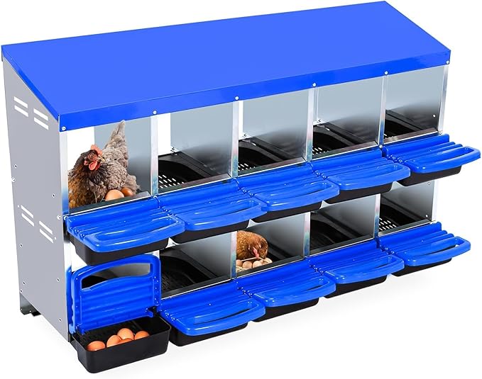 Chicken Nesting Boxes, 10 Hole Metal Chicken Laying Box with with Removable Trays and Roll Out Egg Collection for Chicken Coop, Blue