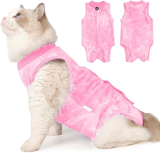 Cat Recovery Suit for Male and Female Surgical Post Surgery Soft Cone Onesie Tie Dye Cats Shirt Clothes Neuter Licking Protective Diapers Outfit Cover Kitten Spay Collar Alternative(Pink, M)