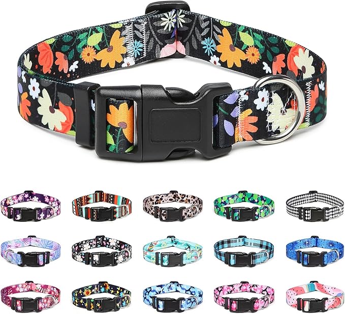 Mercano Adjustable Dog Collar - Special Design Patterns, Soft Nylon Comfortable Durable Pet Collar for Small Medium Large Dogs (S, Floral Orange)