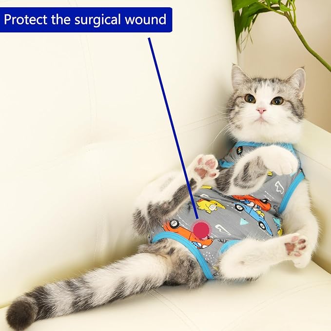 Cat Surgery Recovery Suit Professional for Surgical Abdominal Wound Or Skin Diseases E-Collar Alternative for Cats After Surgery Wear Pajama Suit (Gray, Small)