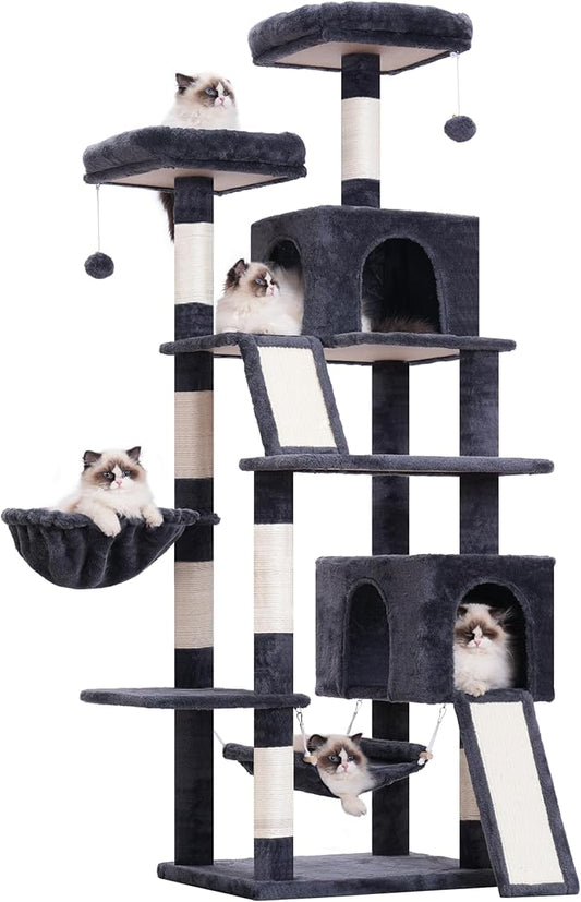 Cat Tree for Indoor Cats, 71'' (180cm) Multi-Level Cat Tower for Large Adult, Sturdy Cat Tree House with 2 Scratching Boards 7 Posts, 2 Plush Perches/Condos, Hammock, Smoky Gray GCT032G