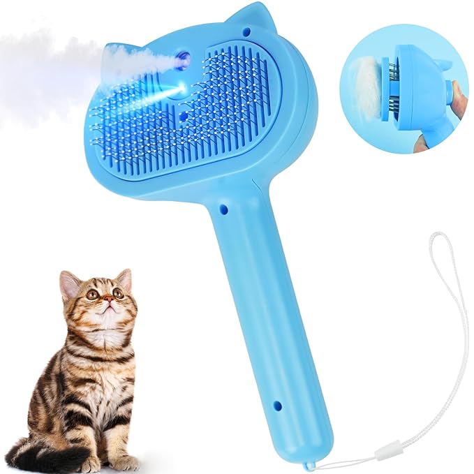 Cat Steam Brush for Shedding, 4 in 1 Steamy Cat Brush with Release Button, Self Cleaning Metal Pet Misting Hair Comb with Handle for Grooming Kitten Dog(Blue)