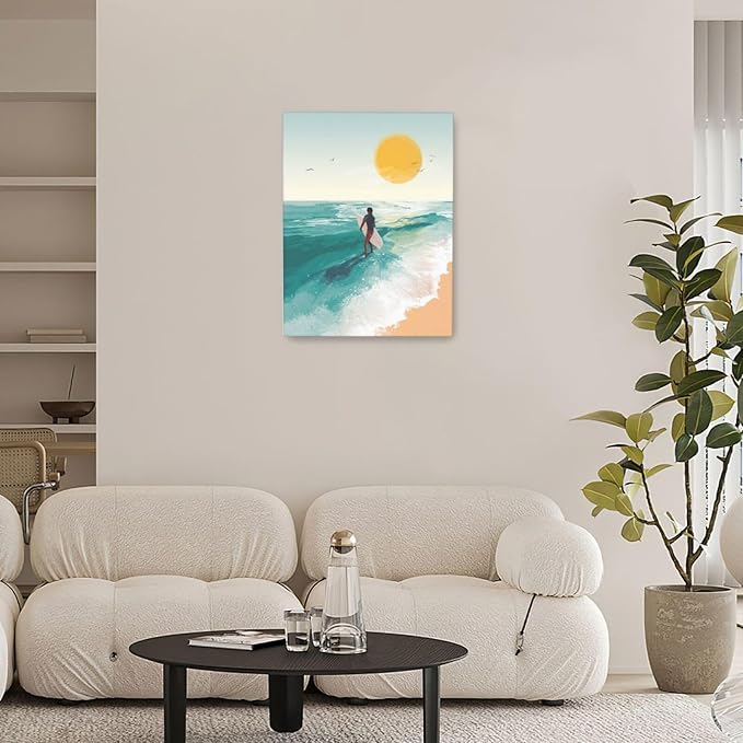 Beach Surfing Wall Art Ocean Coastal Wave Canvas Wall Decor Summer Nature Seascape Pictures Painting Print Framed Artwork Decorations for Bathroom Living Room Office Bedroom 12"x16"