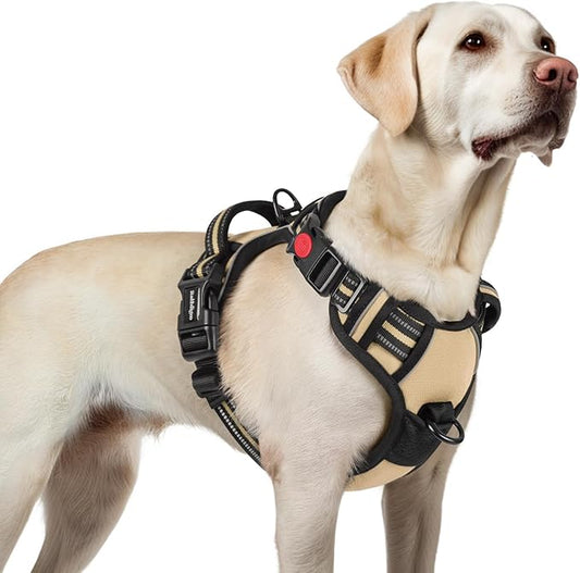 rabbitgoo Dog Harness for Large, No Pull Pet Harness with 3 Buckles, Adjustable Soft Padded Vest with Control Handle, Walking Reflective Pet Vest for Large Dogs, Beige, L
