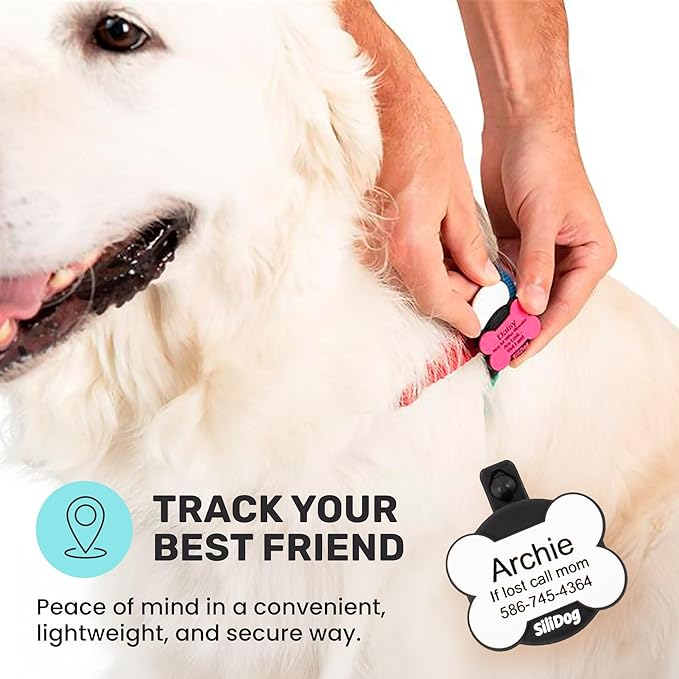 SiliDog AirTag Holder Silent Dog ID Tag – Personalized Engraved Silicone Pet Tag – Durable, Glow-in-The-Dark – Pink Bone