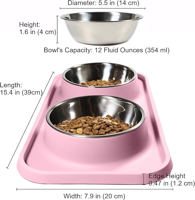 Cat Food Bowls, Cat Bowls Non-Skid and Non-Spill Silicone Pads with PP Stand, Removable Stainless Steel Food and Water Dishes for Cats, Small Size Dogs