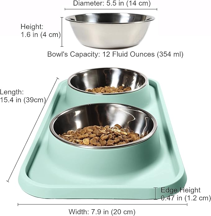 Cat Food Bowls, Cat Bowls Non-Skid and Non-Spill Silicone Pads with PP Stand, Removable Stainless Steel Food and Water Dishes for Cats, Small Size Dogs