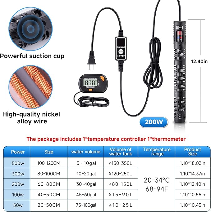 Aquarium Heater Submersible Fish Tank 200W& Turtle Tank Heater with External Adjustment Controller, Included Thermometer, LED Display, Overheat Protection, Detachable Cover, for Saltwater&Freshwater