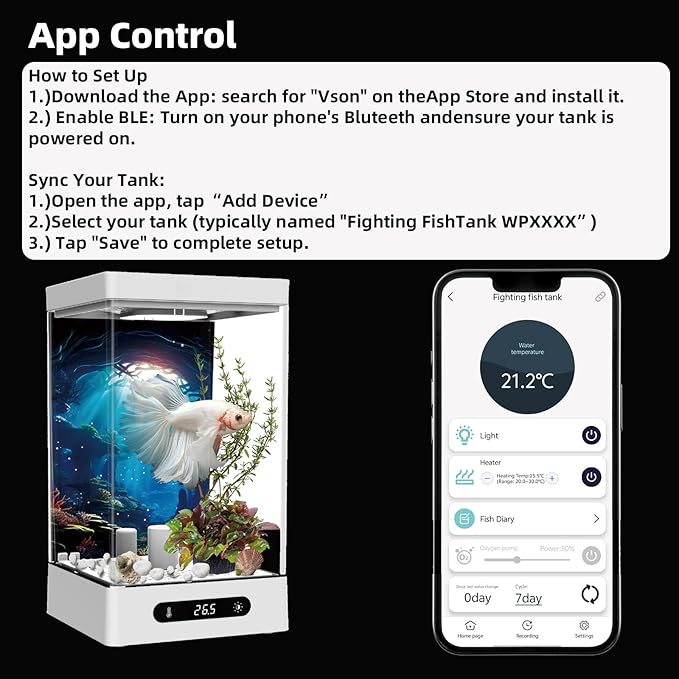 Betta Fish Tank, Smart Automatic Heating, Easy Water Change Valve, and Energy-Efficient LED Lighting - Perfect for Office, Home, and Bedrooms