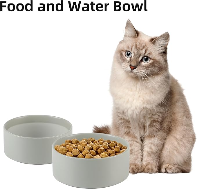 Ceramic 5.1inch Set of 2 Dog and Cat Bowls, Food and Water Feeder for Small Breed Dogs, Kitty, Cats, 2pcs Dog & Cat Dishes(2 Bowls, Grey)