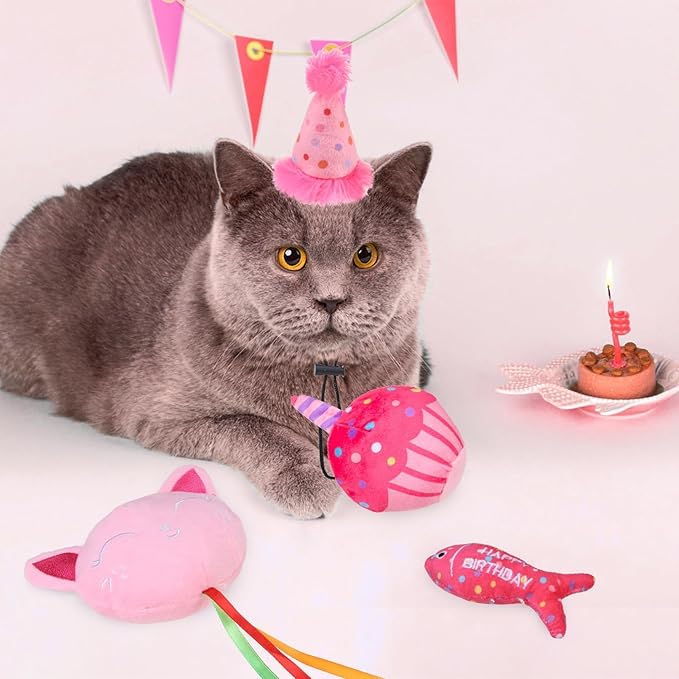 BINGPET Catnip Toys for Indoor Cats, Cat Birthday Hat and Interactive Plush Kitten Chew Toys - Cute Cake, Fish, Balloon Toys with Crinkle Paper and Catnip Inside Pink