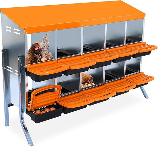 Chicken Nesting Box, 10 Hole 2 Layer Hen Nest Boxes with Legs, Roll Away Eggs Laying Boxes,Cleanable Pull Out Hen Roosting Boxes