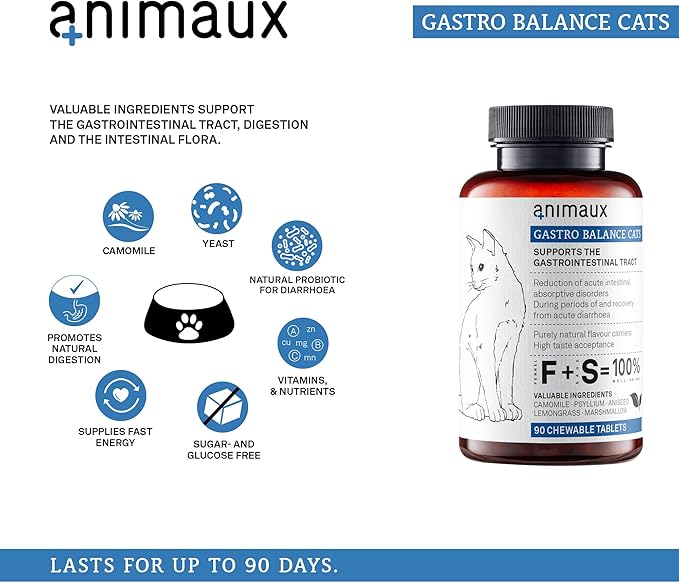 animaux - Gastro Balance for Cats, Supports Gastro-intestinal Tract, Prevents Diarrhoea, Constipation, Hairballs & Flatulence, supplementary probiotics, 90 chewable Tablets, 90 Days Supply
