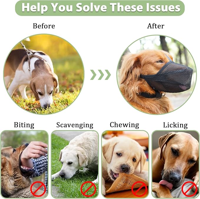 Mayerzon Dog Muzzle, Patented Soft Mesh Muzzle for Small Medium Large Dogs for Scavenging Biting Licking and Chewing, Allows to Pant and Drink (S, Black)